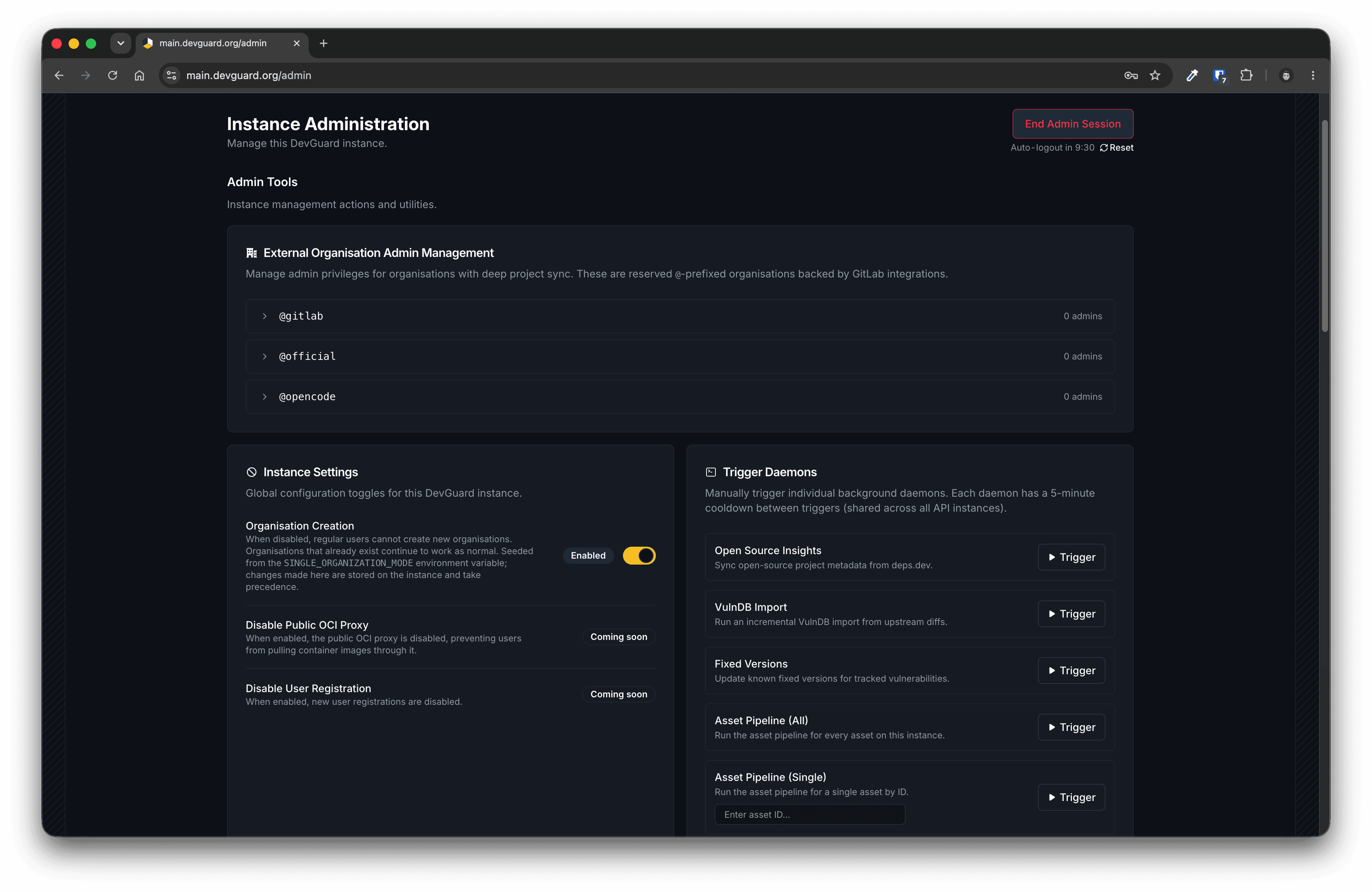 DevGuard instance admin dashboard at /admin, showing the Admin Tools section with external organisation admin management, instance settings toggles, and daemon triggers