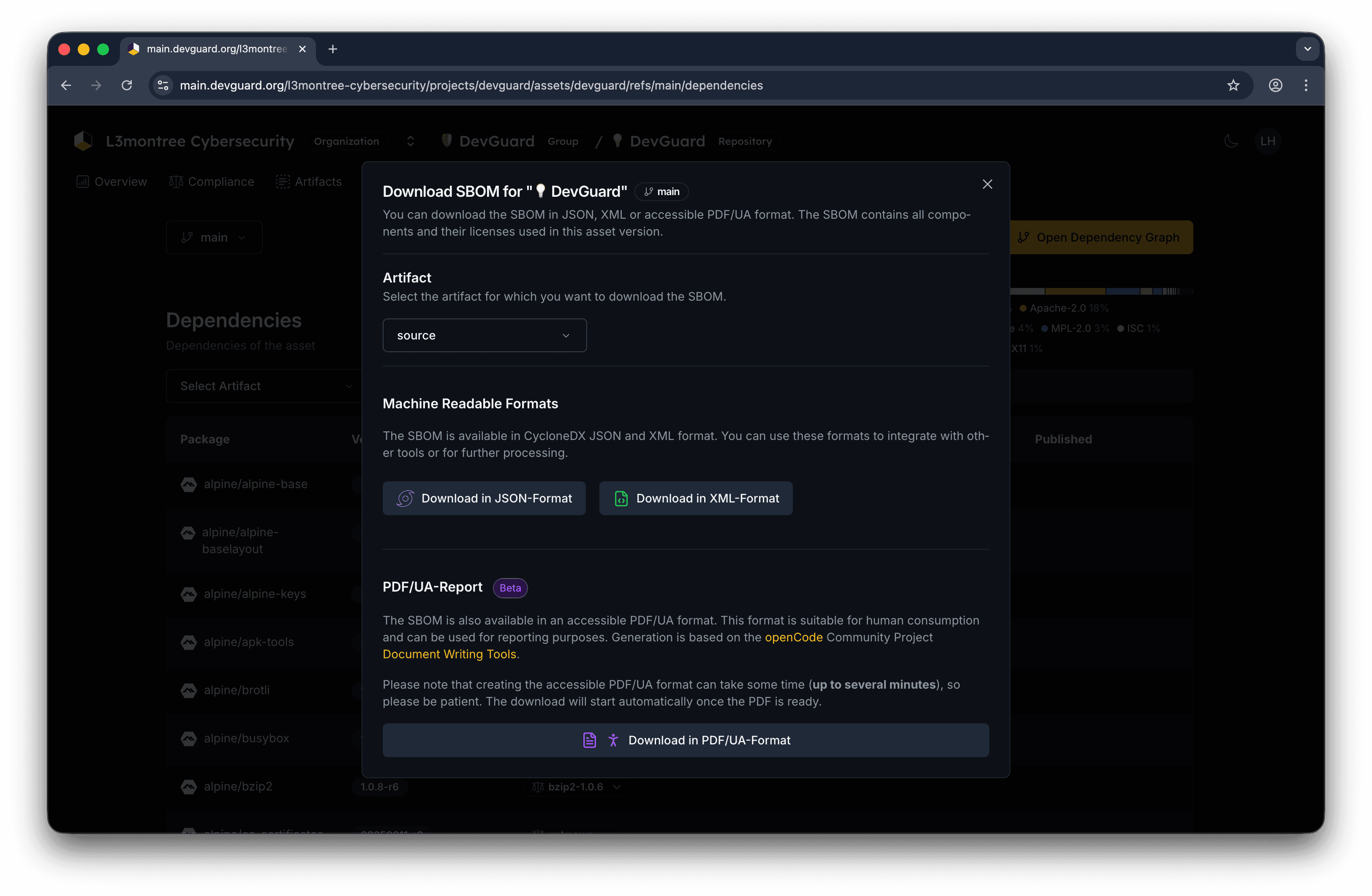 Select your SBOM format and options