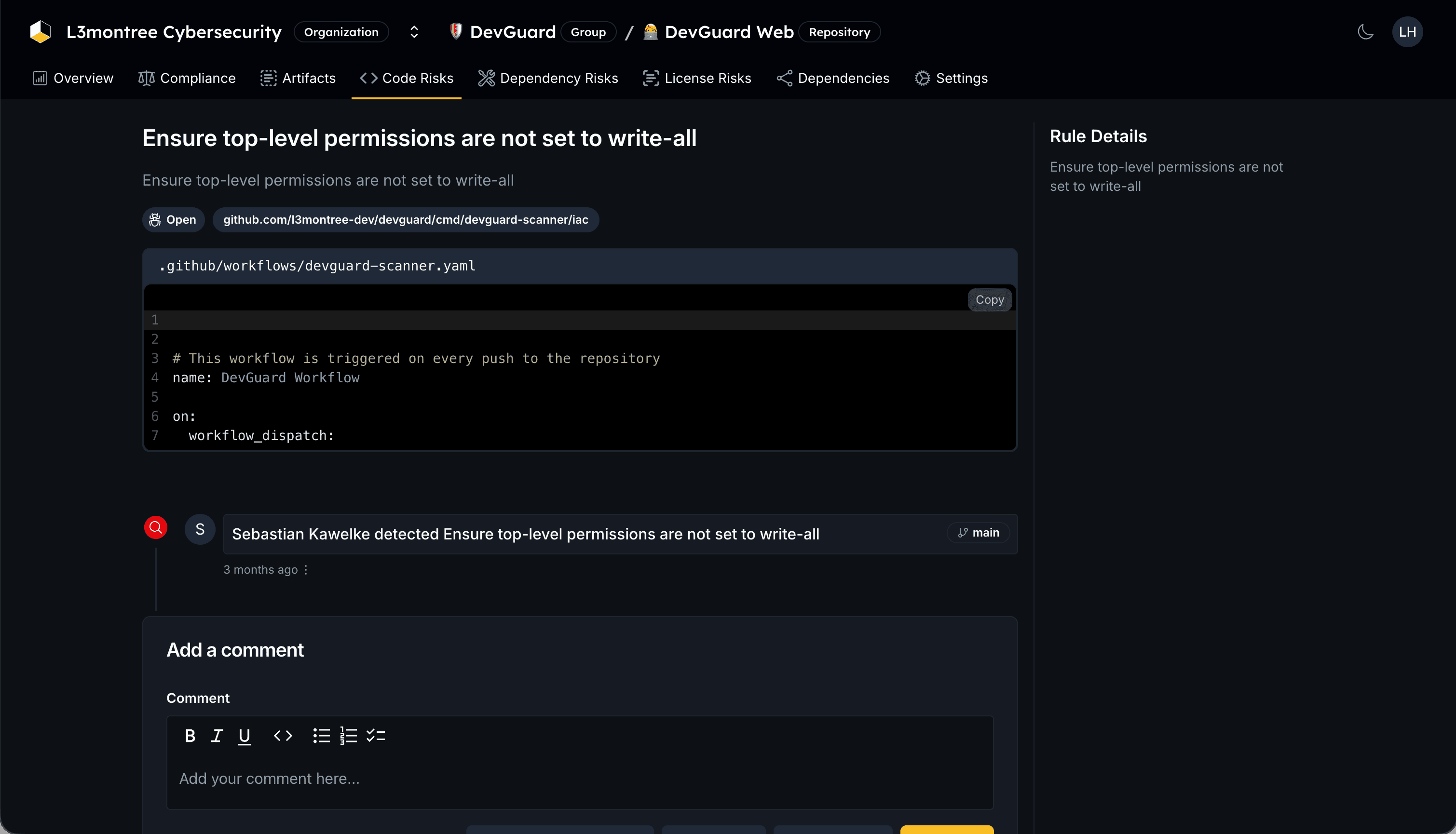 DevGuard Code Risk Detail with Comments